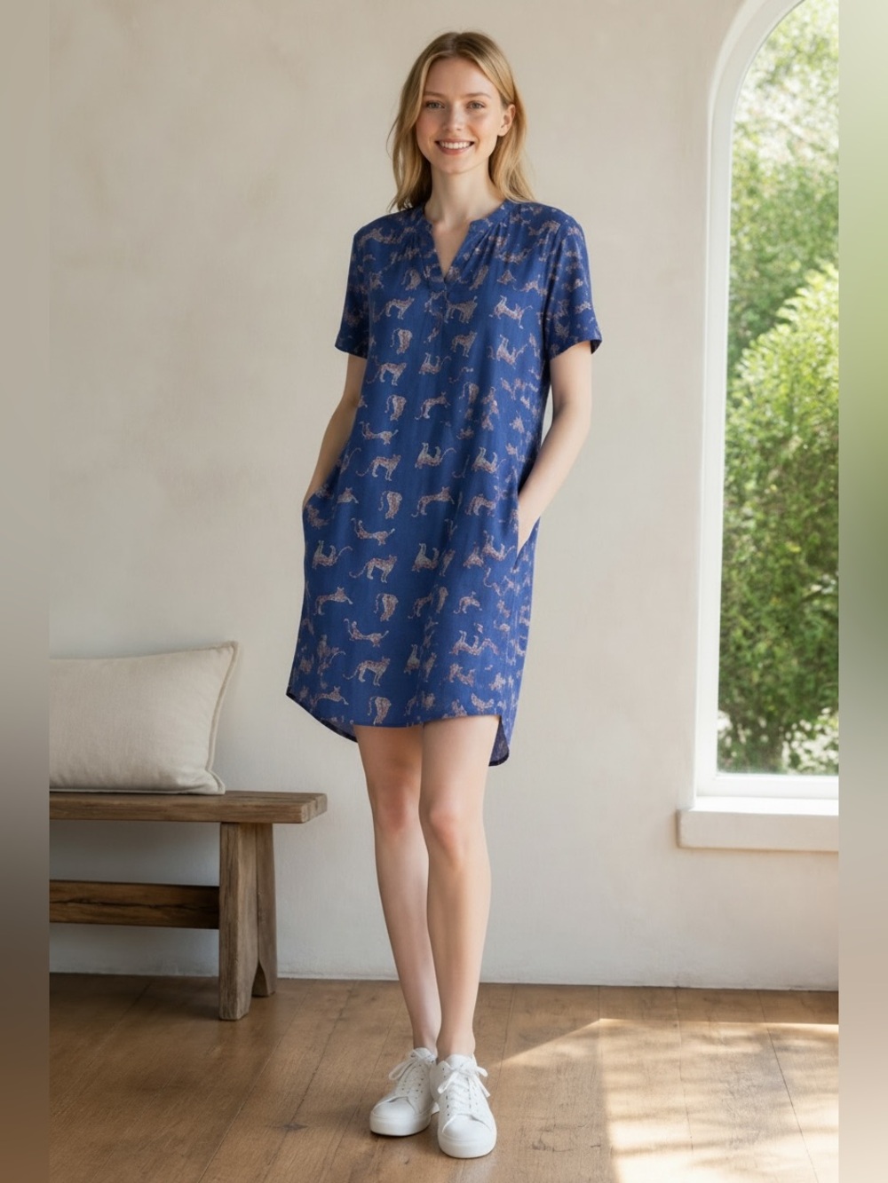 Michelle McDowell Blue Short Sleeve Tunic Dress Animal Leopard Print Novelty S
